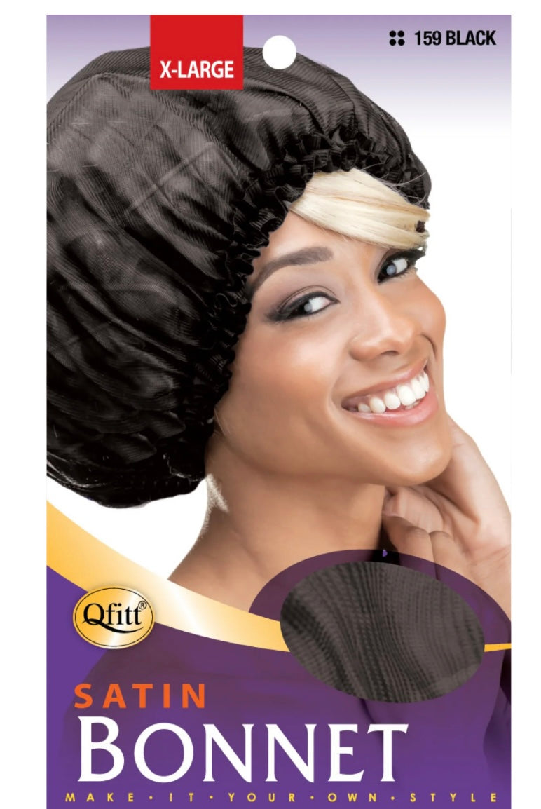 Qfitt X-Large Satin Bonnet Black #159 | Hair Protection & Night Cap for Natural, Curly, and Braided Styles