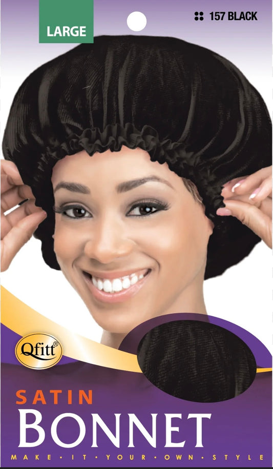 Qfitt Satin Bonnet Large Black #157 | Hair Protection Sleep Cap for Natural, Braided & Protective Styles